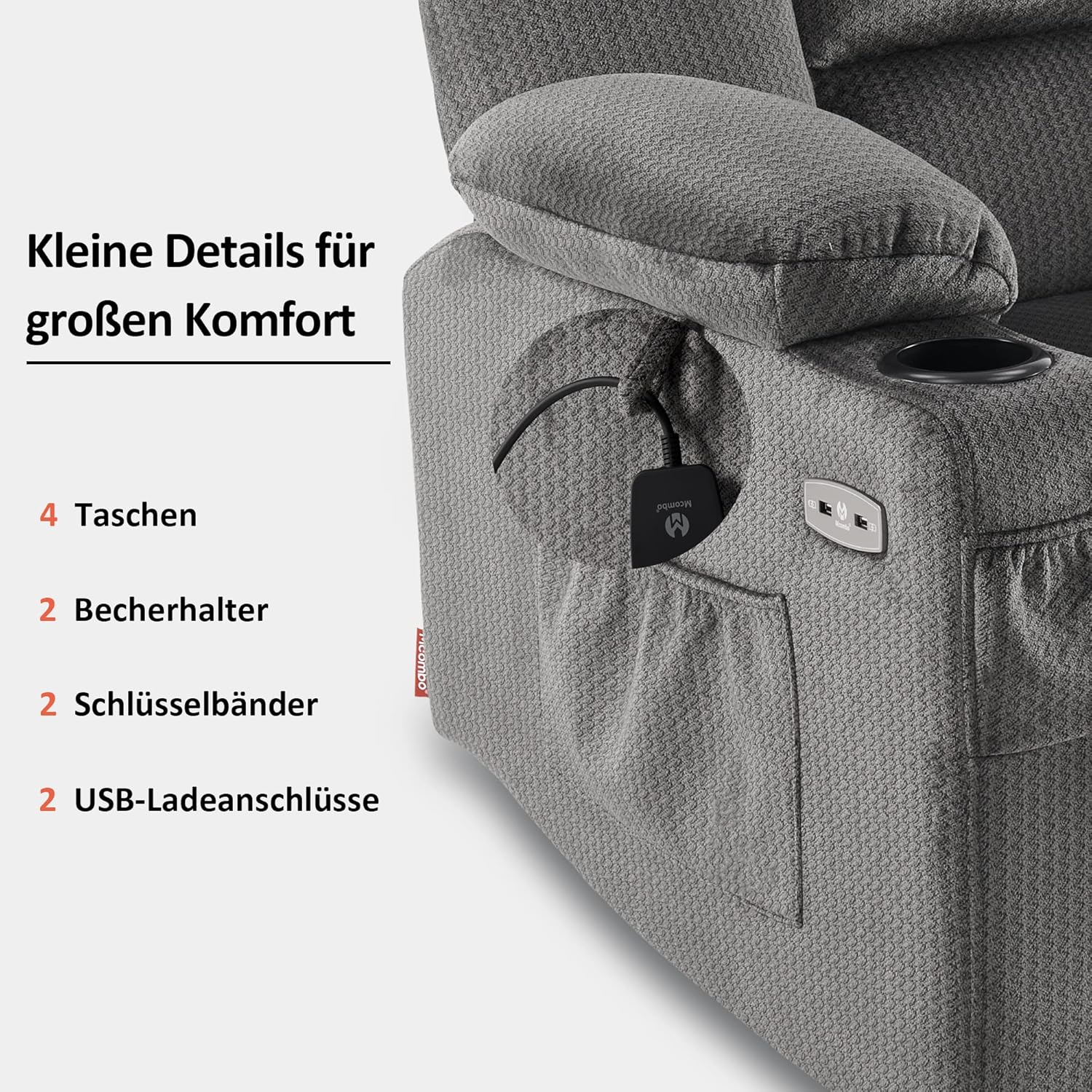 M MCombo Elektrischer Fernsehsessel Relaxsessel mit Liegefunktion, Massage & Wärme, USB-Anschluss, verstellbarer TV Sessel für Wohnzimmer – Bild 4