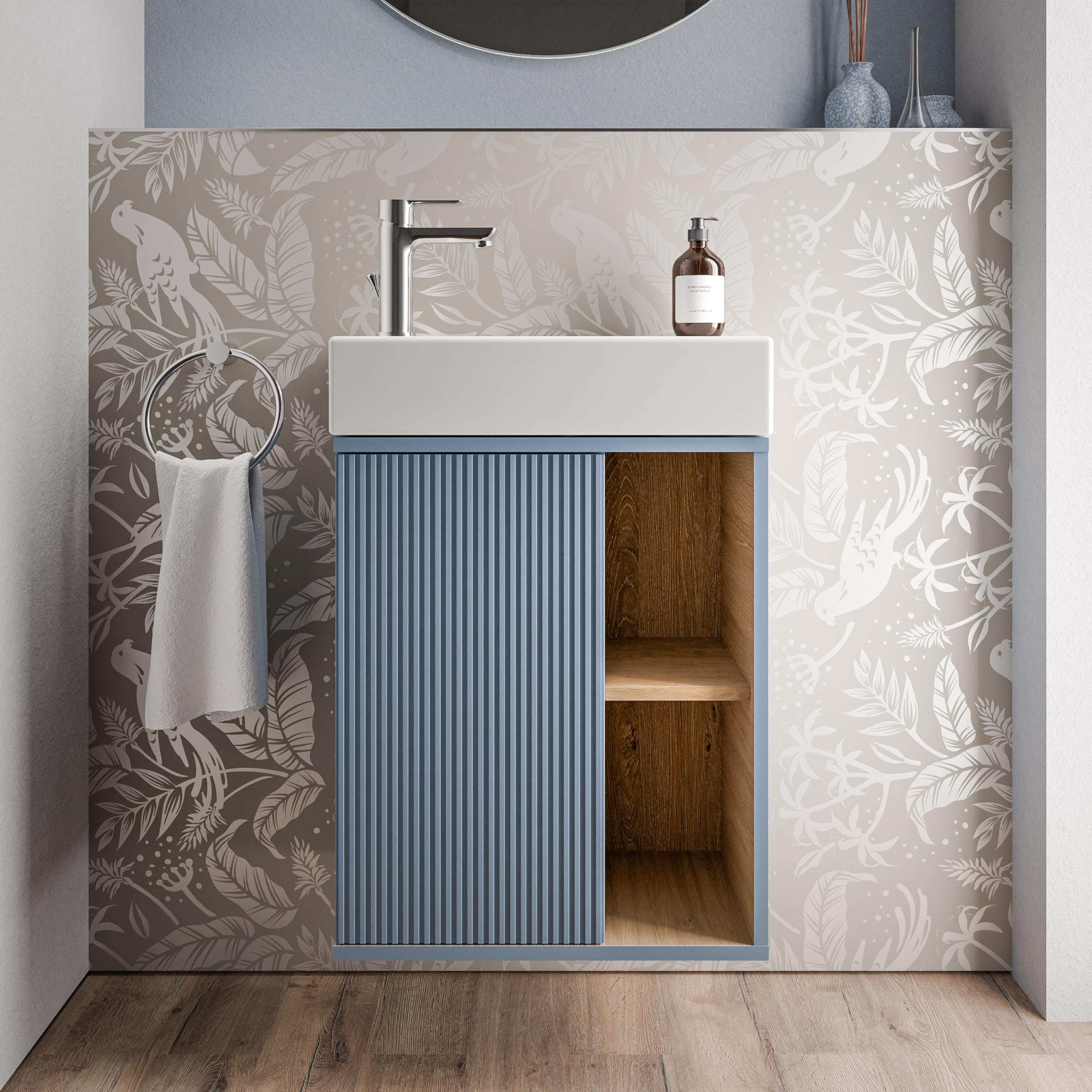 BERNSTEIN Beldivo Badmöbel Set mit Waschbecken – Wandhängender Waschtischunterschrank mit Keramikbecken, Push-Open & Soft-Close, MDF – Bild 6