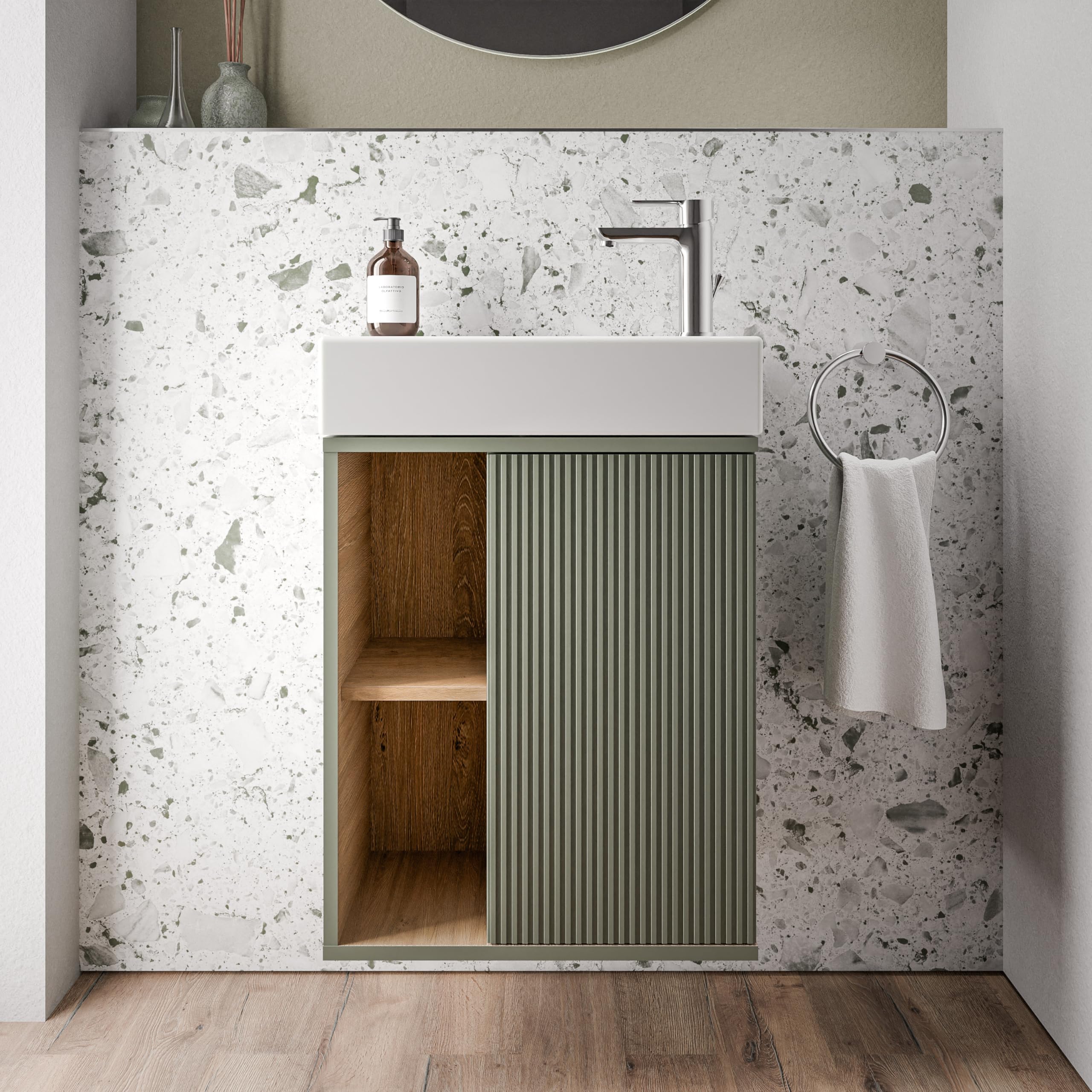 BERNSTEIN Beldivo Badmöbel Set mit Waschbecken – Wandhängender Waschtischunterschrank mit Keramikbecken, Push-Open & Soft-Close, MDF – Bild 2