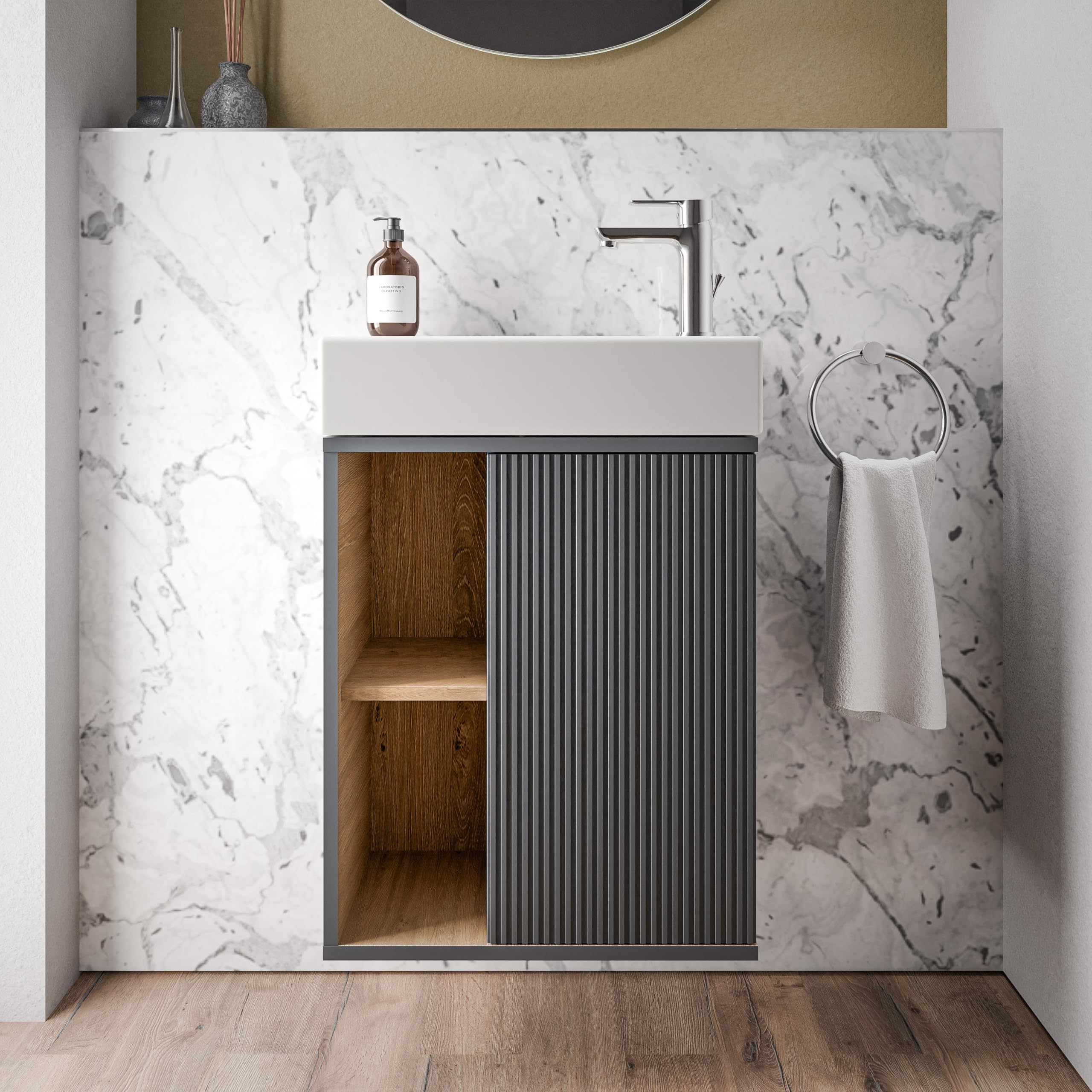 BERNSTEIN Beldivo Badmöbel Set mit Waschbecken – Wandhängender Waschtischunterschrank mit Keramikbecken, Push-Open & Soft-Close, MDF – Bild 5