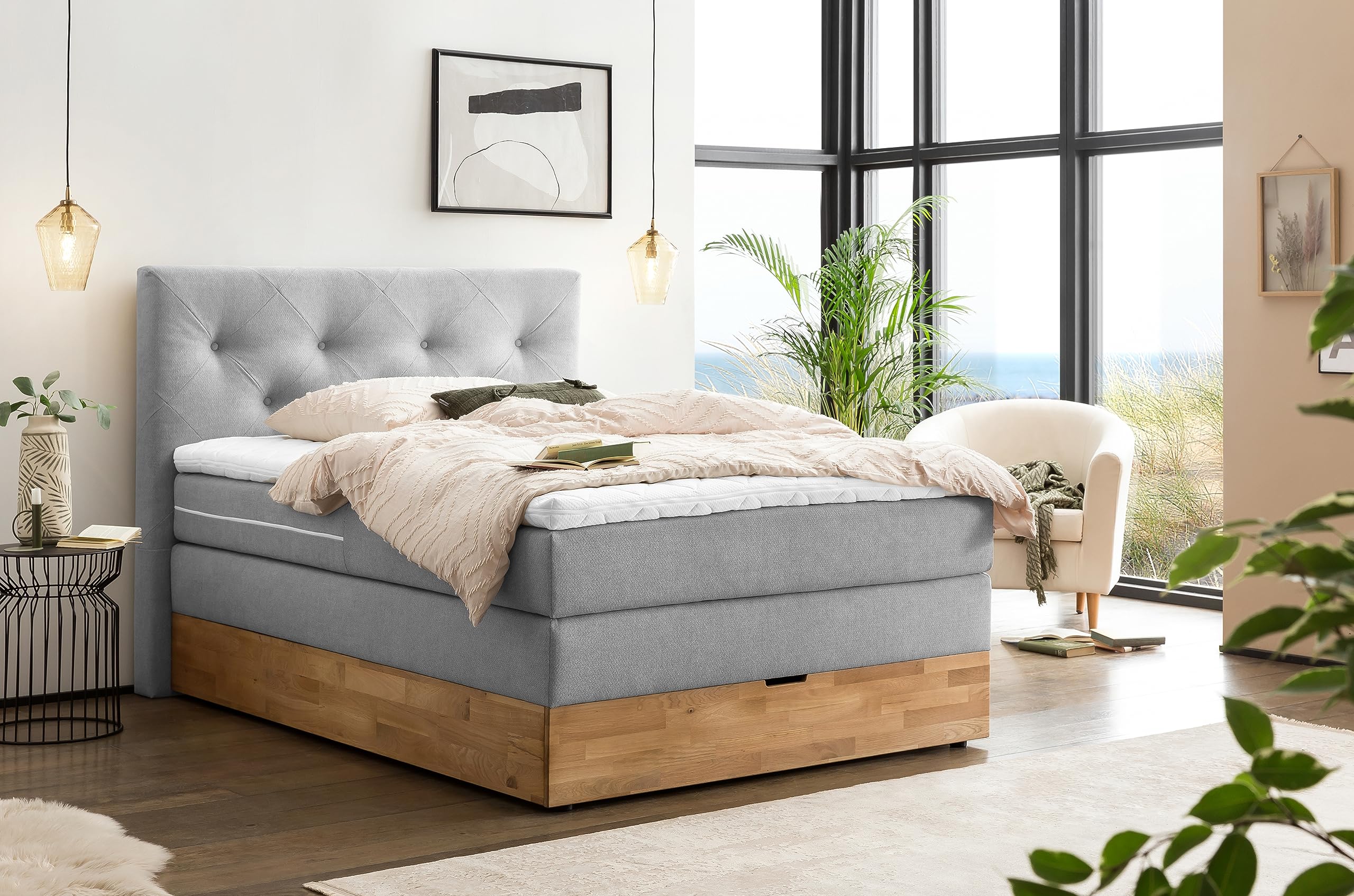 Belanoti Marbo Boxspringbett mit Bettkasten, 7-Zonen Taschenfederkern Matratze & Visco Topper, Massivholz Eiche, Polsterbett – Bild 3