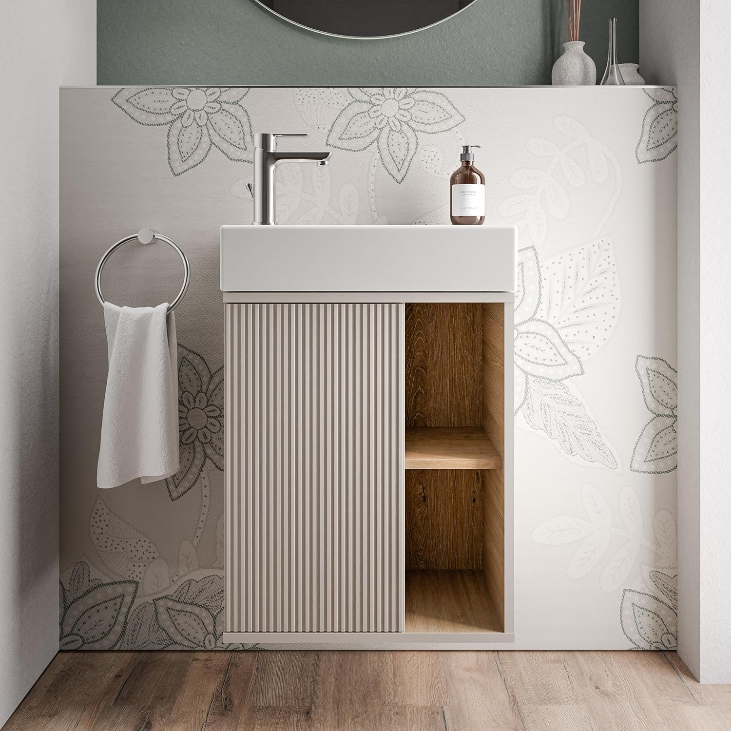 BERNSTEIN Beldivo Badmöbel Set mit Waschbecken – Wandhängender Waschtischunterschrank mit Keramikbecken, Push-Open & Soft-Close, MDF – Bild 3